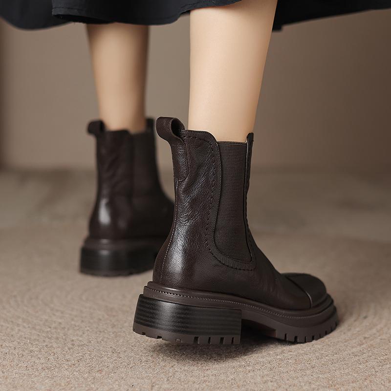 Bottes d'automne 2024 pour femmes, chaussures en cuir véritable pour femmes, bottines à bout rond, chaussures à talons épais, bottes western, chaussures à plateforme