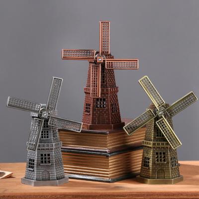 Windmill Model Rotatable Exquisite Workmanship Vintage Style Antique Bronze Metal Windmill Statue for Desktop