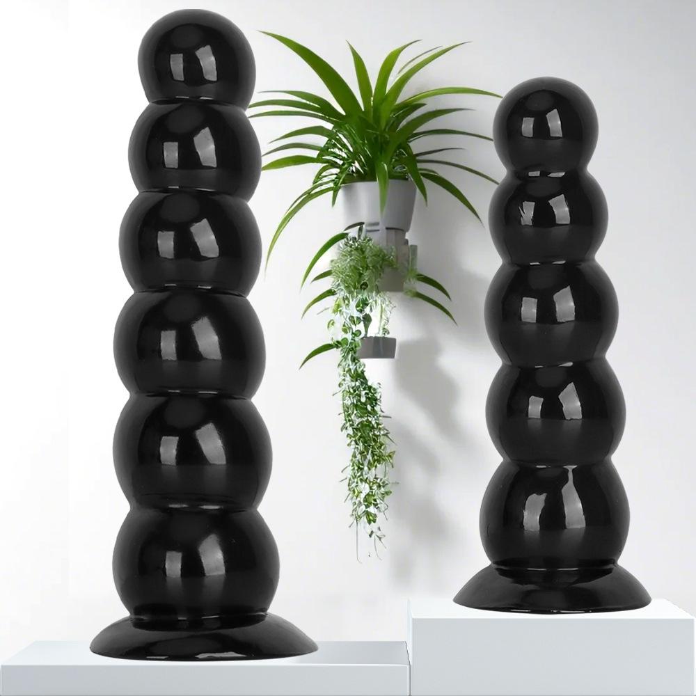 Six Beads Black Tower Suction Cup Anal Plug - Large Soft Pull Bead Dilator for Men and Women