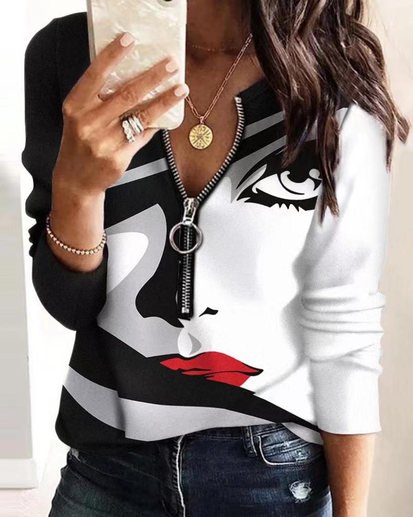 Fashion Print Zipper Long-Sleeve Casual Women's Top