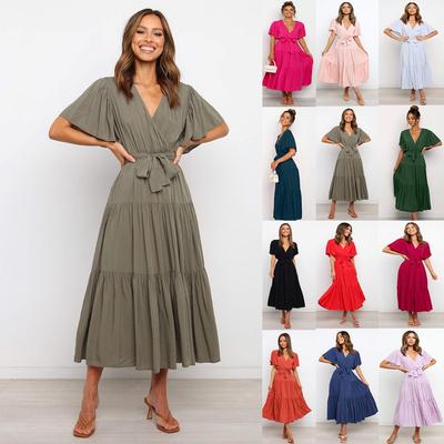 Sommermode Damen Kurzarm Kleider zum Binden V-Ausschnitt Kurzarm Überkreuz Lange Kleider Big Swing Kleider