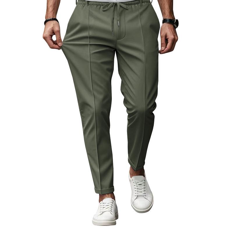 American Style Men's Casual Slim Fit Tapered Pants - Autumn/Winter Solid Color with Drawstring