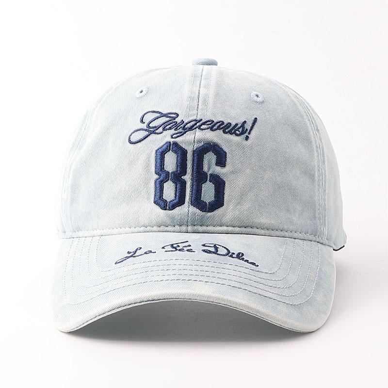 Embroidery washed denim blue baseball cap women's wide brim shows small face big head circumference hard top cap