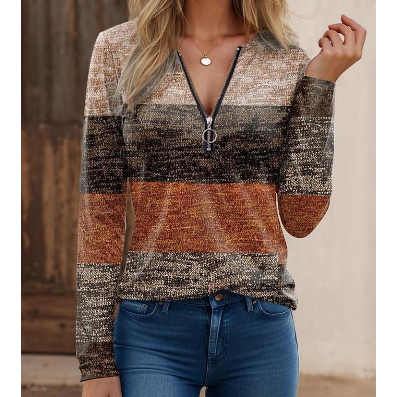 Codzienny T-shirt damski z dekoltem w serek, długim rękawem i zamkiem błyskawicznym, w bloki kolorystyczne, moda high street, wszechstronny top