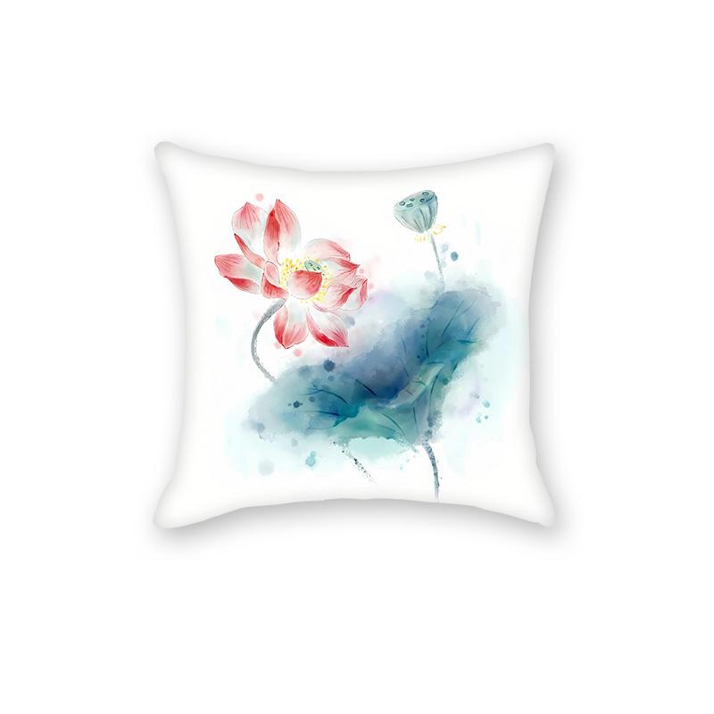 

New Chinese Lotus Lotus Print Cushion Pillow Office Living Room Sofa Nap Cushion Pillow Cover linen-45x45cm double-sided [without pillow core]