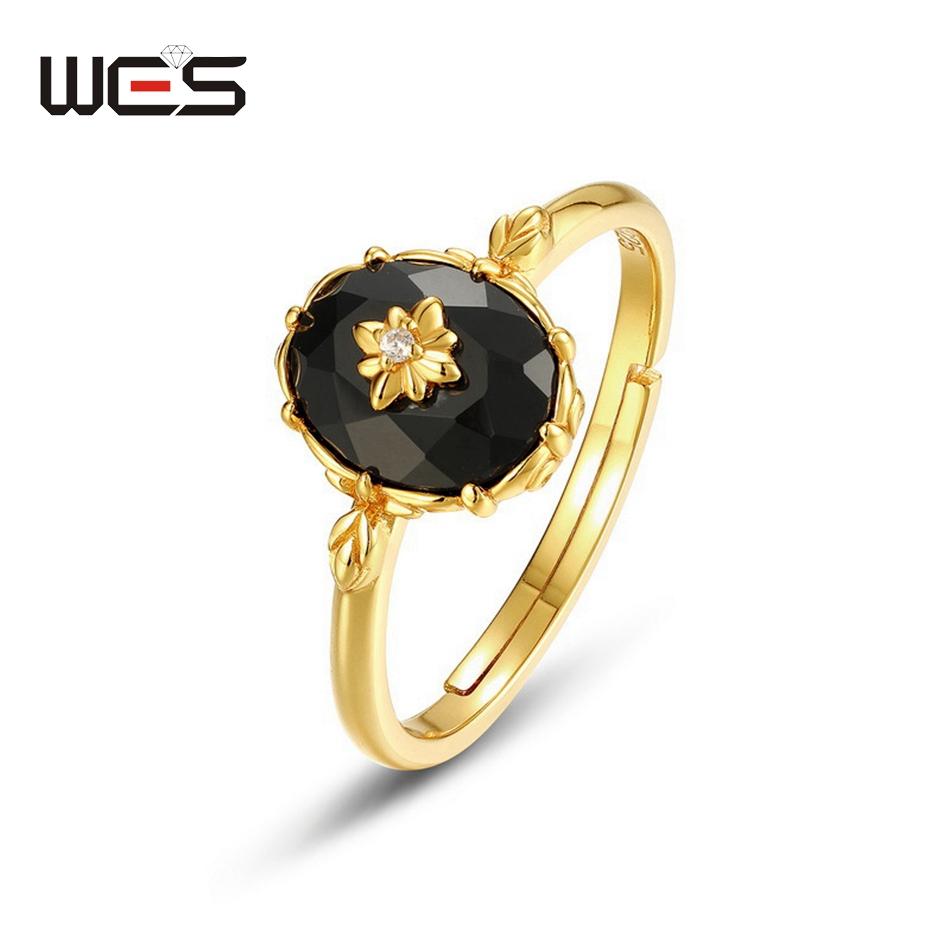 WES 925 Silver Gemstone Open Ring for Women Natural Black Agate 6*8mm Retro Vintage Fine Jewelry Gift For Mom