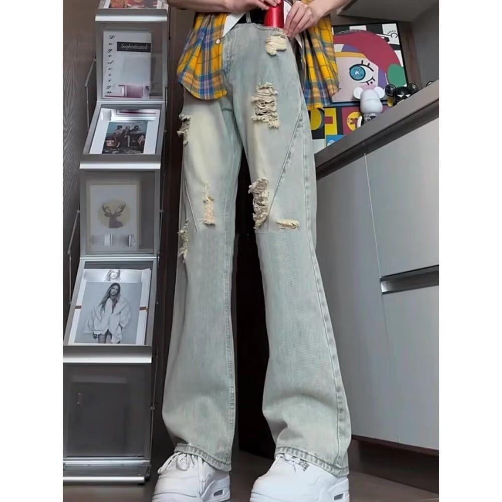 Jeans men's summer thin yellow mud ripped slim straight pants high street trendy brand ruffian handsome casual pants