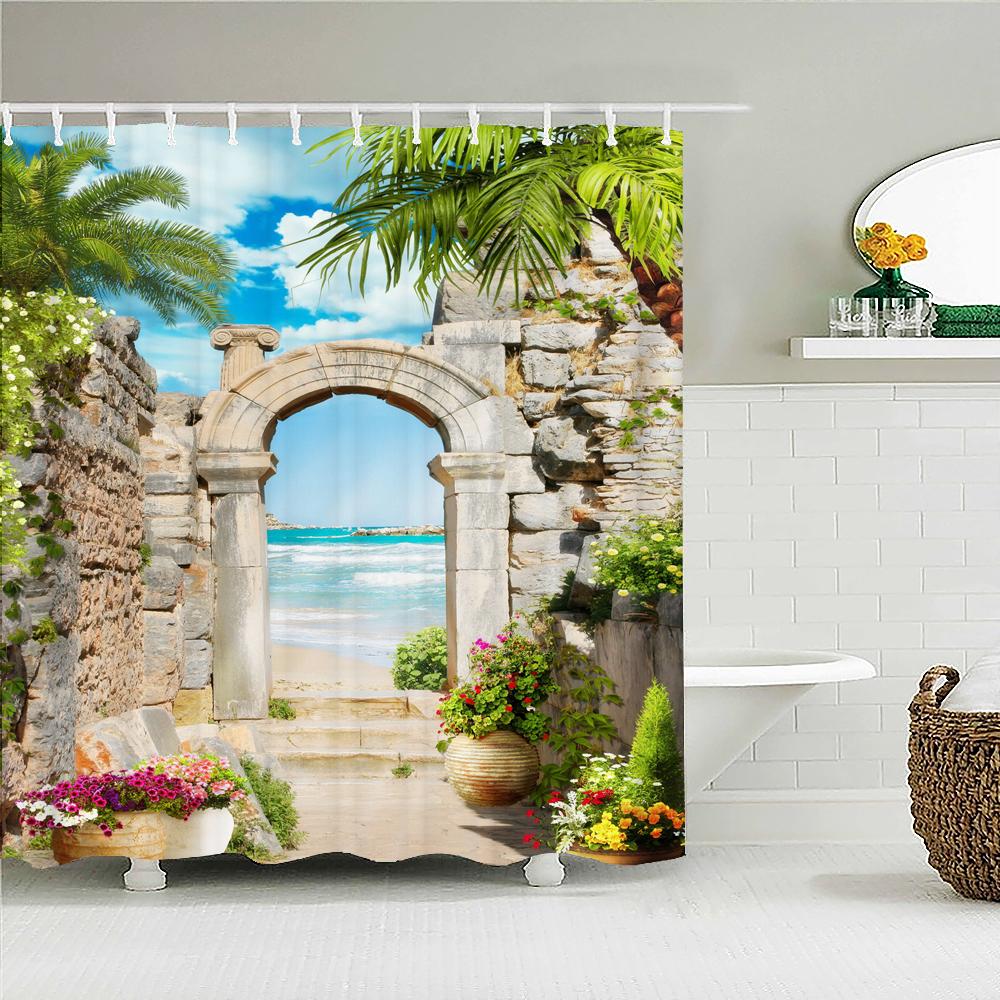 Flowers Scenery Waterproof Shower Curtains Rural Street Flowers Bathroom Curtains Polyester Fabric Washable Decor Bath Curtains