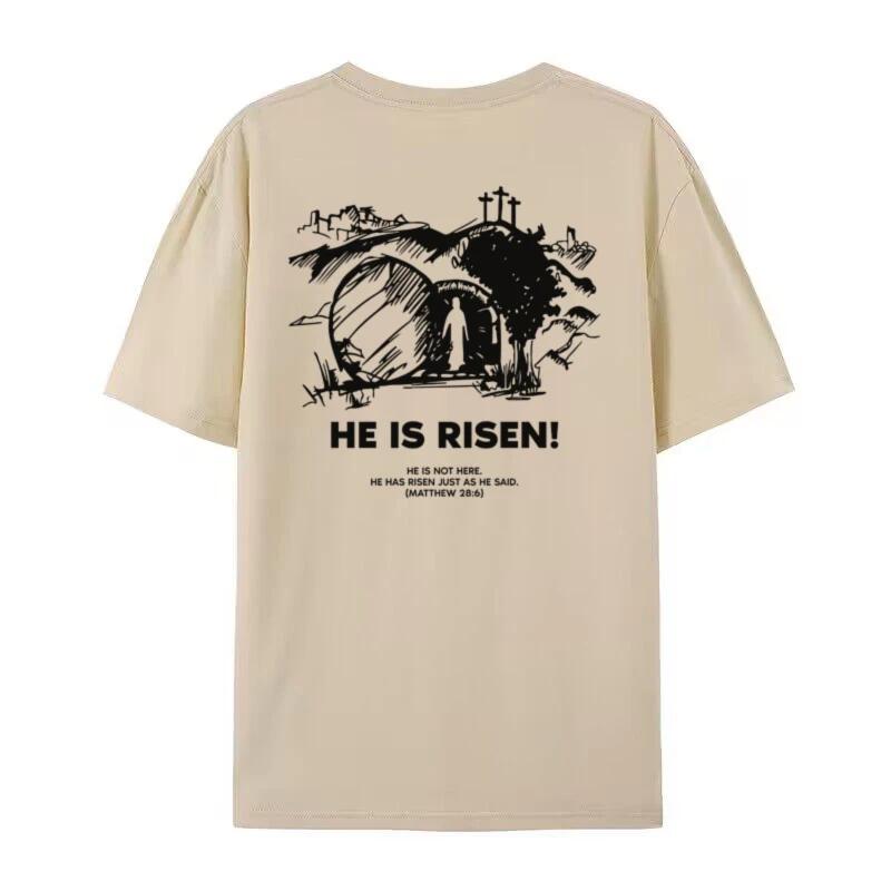Er ist auferstanden Rückendruck Damen Christliche T-Shirts Vintage Bibelvers T-Shirts Unisex Oversized Oster-T-Shirts Jesus Religiöse Oberteile