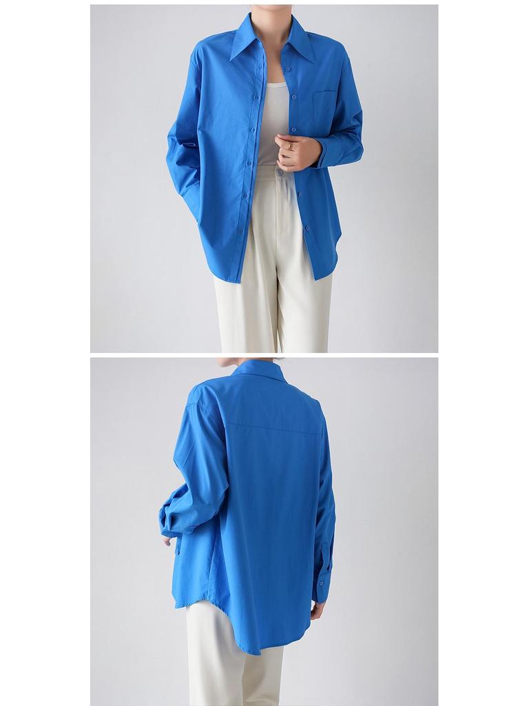 Damen blaues zweireihiges Langarm-Tencel-Baumwollhemd