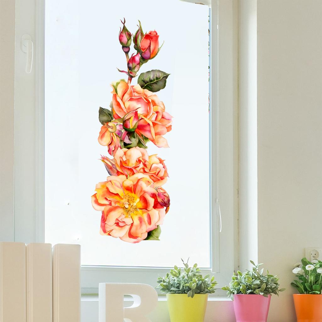 Watercolor Orange Rose Static Cling Wall Sticker for Living Room Balcony Entryway Home Decor