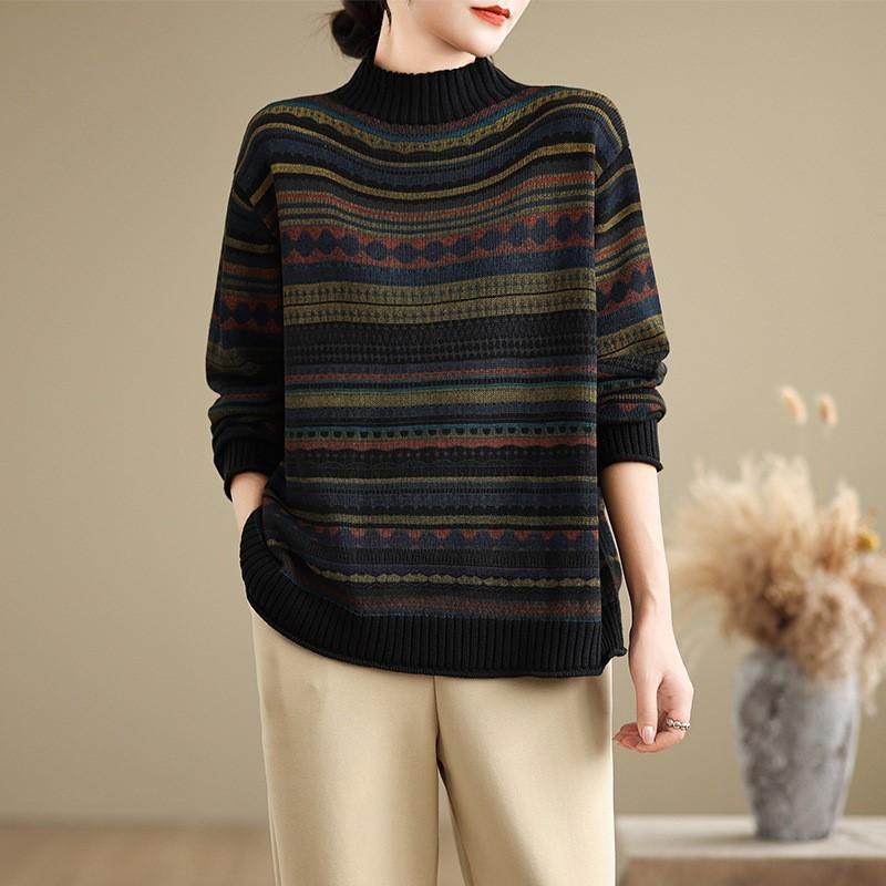 Johnature Casual Pullover Long-sleeve Sweater Half-high Collar Ethnic-style Print Winter Knitted Pullover Women Sweater