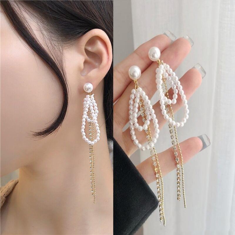 925 Silver Needle Geometric Pearl Earrings For Women Fashion Earrings Flowing Tassel Earrings Elegant Jewelry
