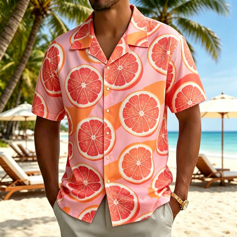 Herren Hawaiihemd mit erfrischendem und buntem Frischfrucht-Print, für Sommerreisen, Freizeit und Streetwear