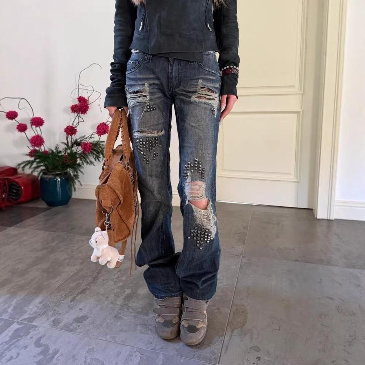 

American Sexy Hot Girl Rivet Patchwork Jeans Distressed Vintage Washed Women Streetwear Y2k Retro Pants Slim Spring Summer S синий