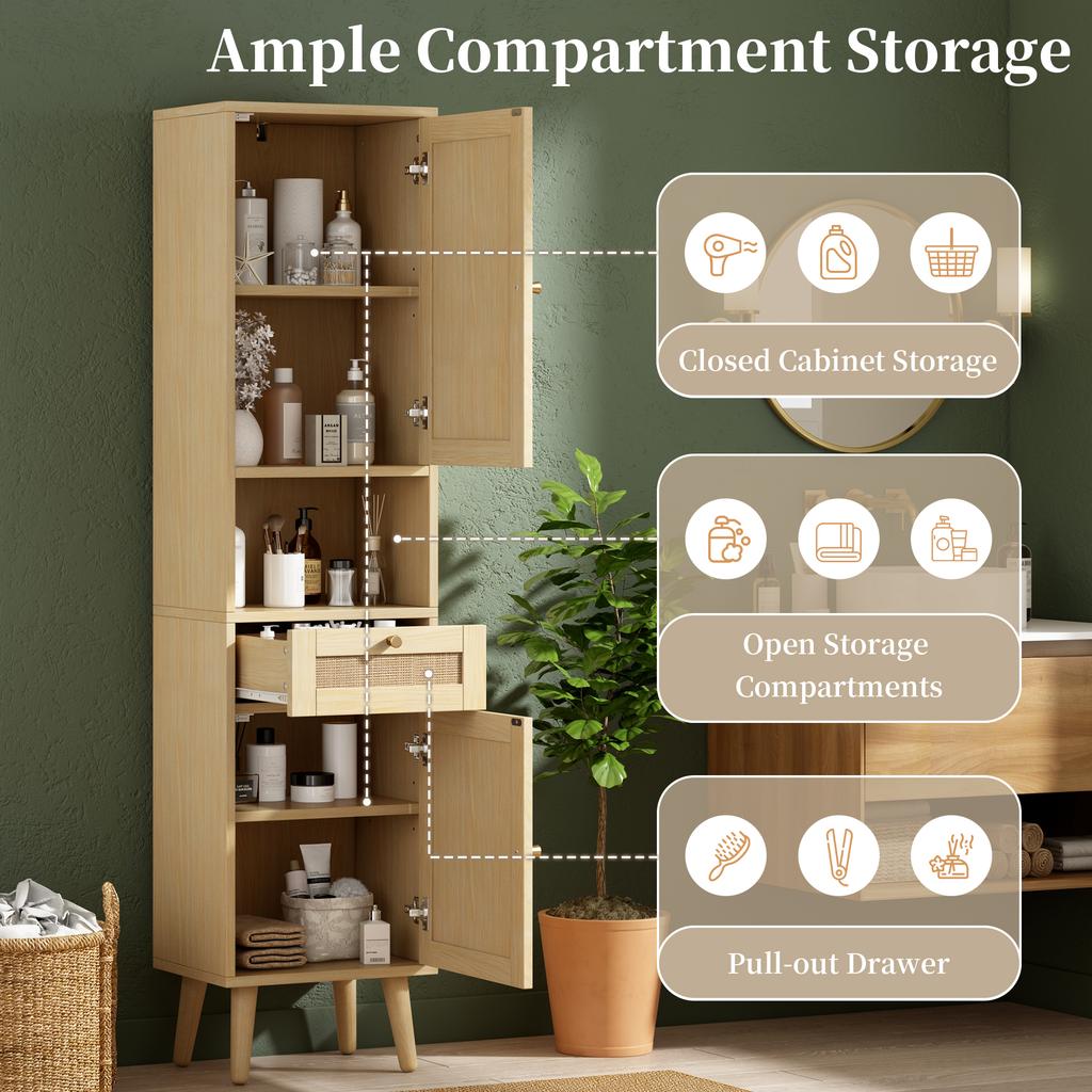 Tall Freestanding Bathroom Cabinet, Rattan Doors, Reversible Left-Right, Drawer, Magnetic Closure, Soft-Close Hinges, 40×30×166 cm, Natural Wood Color
