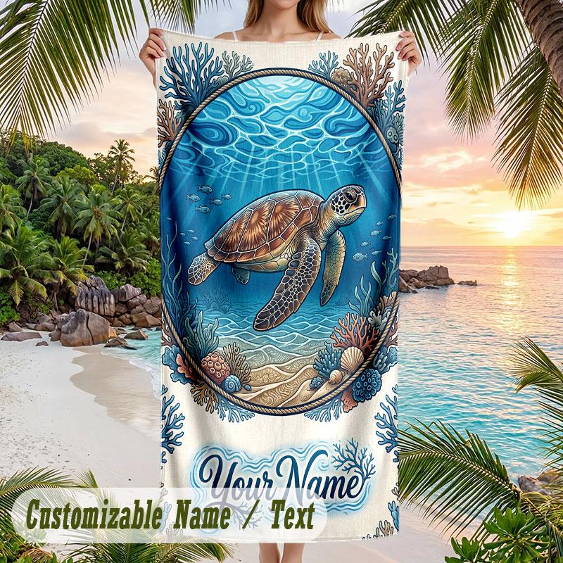 Ocean Life Adventure 2 Theme Quick Dry Beach Towel Custom Name Text Print Large Sand Resistant Towel Beach Vacation