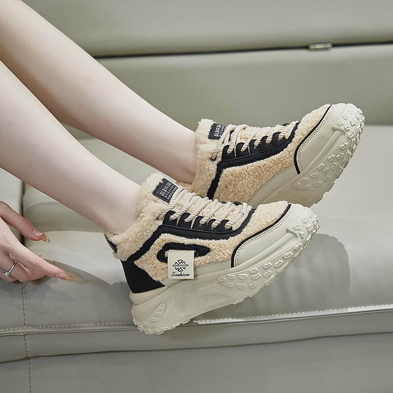 MCTIN Shoes for Women Winter Plush Chunky Sneakers Lace Up Casual Thick Soled Warm Shoes