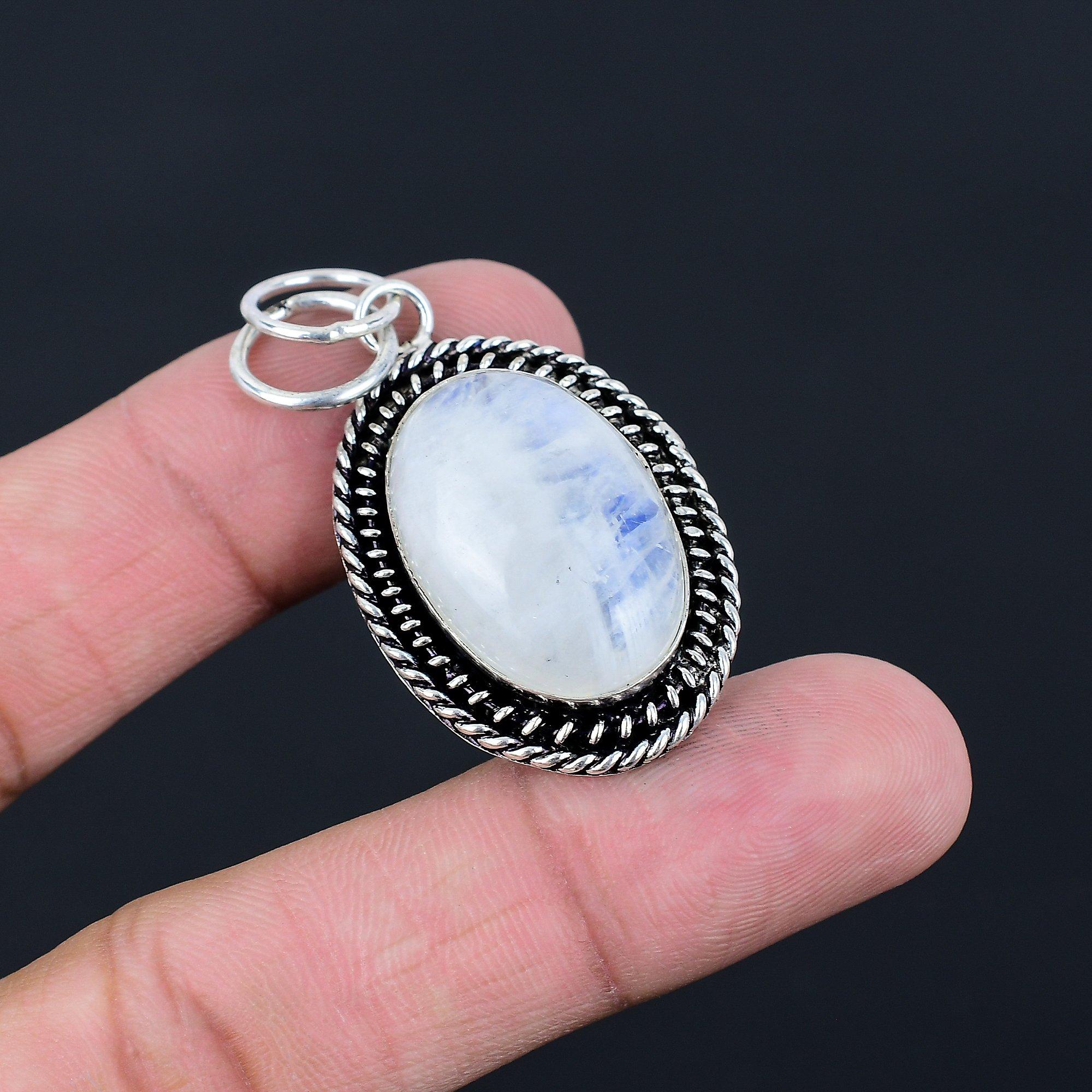 Daughters Day Deal 925 Silver Natural Rainbow Moonstone Bezel Pendant Jewelry