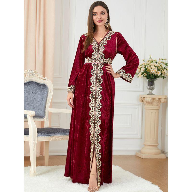 2023 Split Long Sleeve Fall and Winter Women's Clothing Embroider Gold Velvet Indonesia Middle East Belt Long Large Size Dress Dress