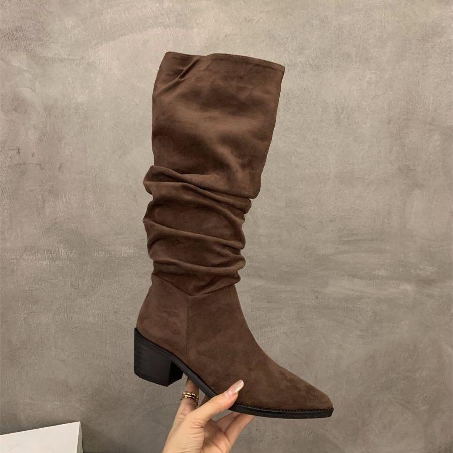 Pointed high-heeled khaki stacking boots women's shoes 2025 new spring and autumn winter thin long knight boots