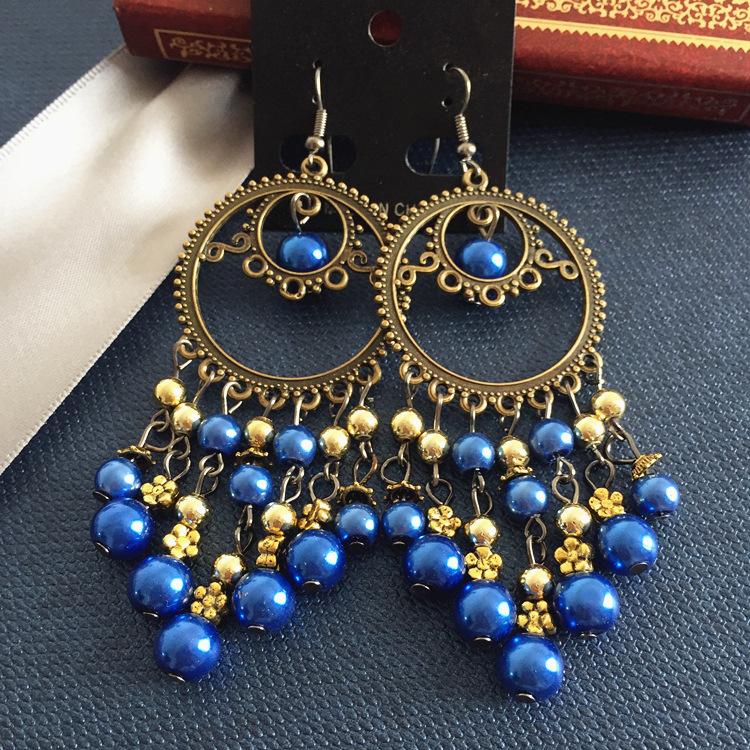 Vintage Celebrity Earrings Fashion Exaggerated Bohemian Tassel Pearl Bronze Long Beaded Earrings