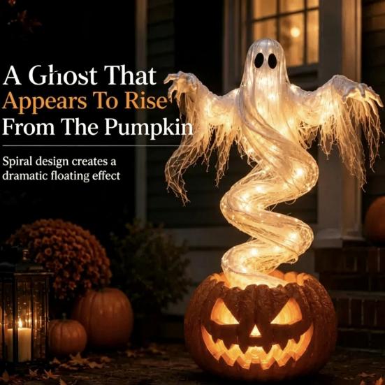 Spooky Desk Sculpture for Home Ghost Pumpkin Yard Lamp, Halloween Resin Figurine with Warm LED Light, Decorations Swirling On Base, Tabletop