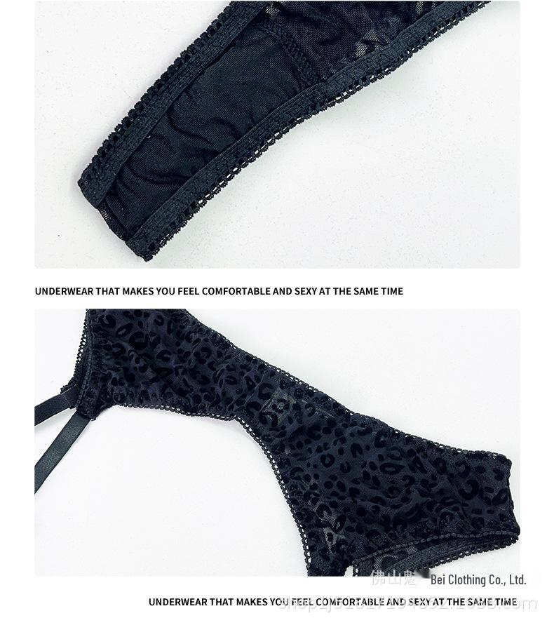 European Hot-Selling Leopard Print Mesh Lingerie Set with See-through Garter Belt & Leg Ring - Five-Piece.