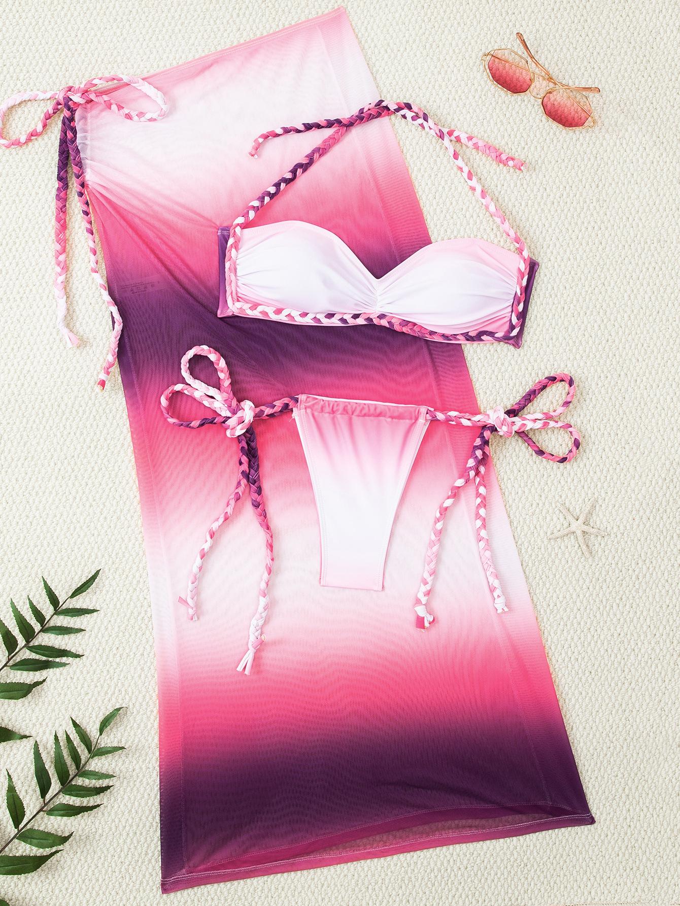 Exclusive For Women S Swimsuit Three-Piece Color Matching Braided Rope Long Group Tight Sexy European And American Bikini S