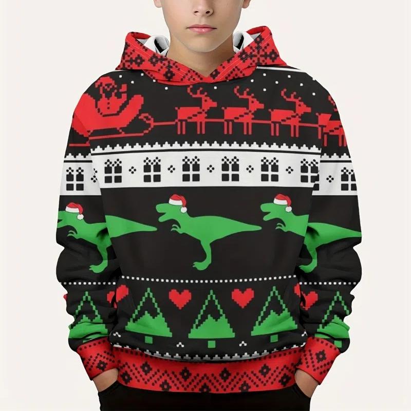 Children's Clothing Christmas Funny Santa and Tree 3D Print Boys Hoodies Casual Autumn Pullover Long Sleeve Outdoor Sweatshirt