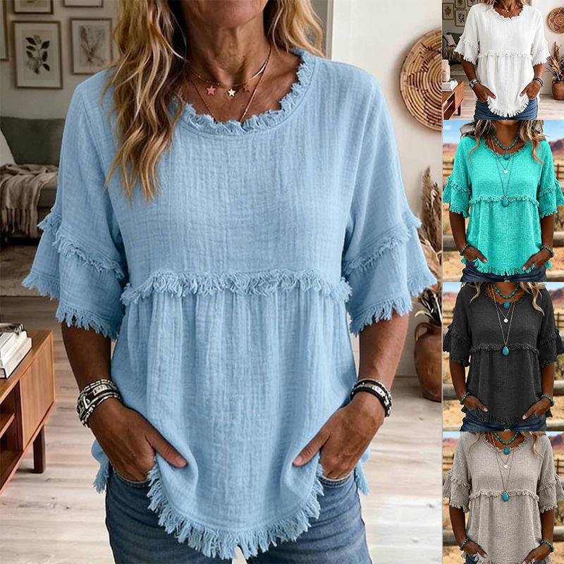 2026 European & American Loose Fit Women's Casual Short Sleeve Round Neck Pullover Top