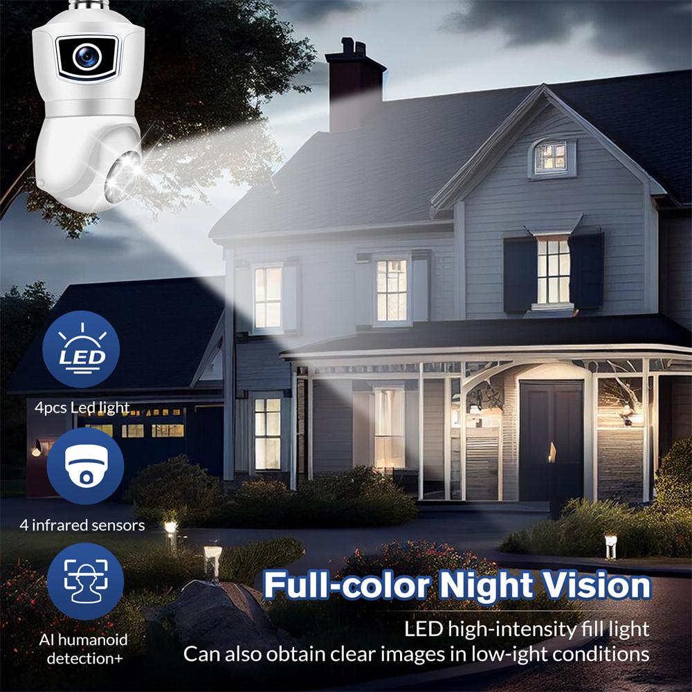 E9 Bulb Dual Lens Camera Full HD 1080p Indoor Night Vision Wireless Smart Camera with 4Led Light Wifi Bulb Dome Socket Network C