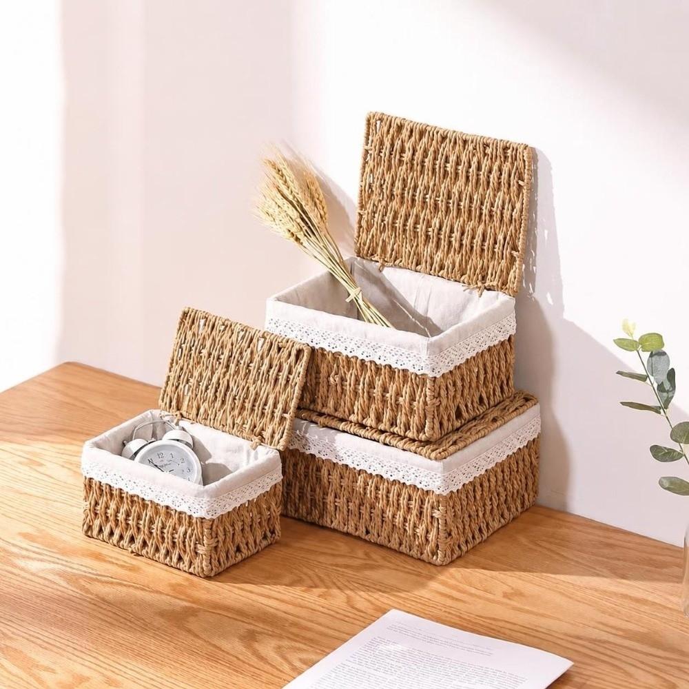 Hand-woven Storage Baskets with Lid/Liner Desktop Sundries Organizer for Closet Shelf