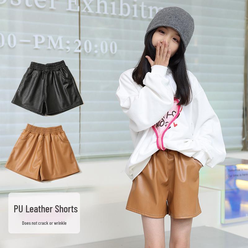 Mädchen Schwarze Lederhose - 2025 Herbst/Winter Modische Vielseitige Shorts für Kinder