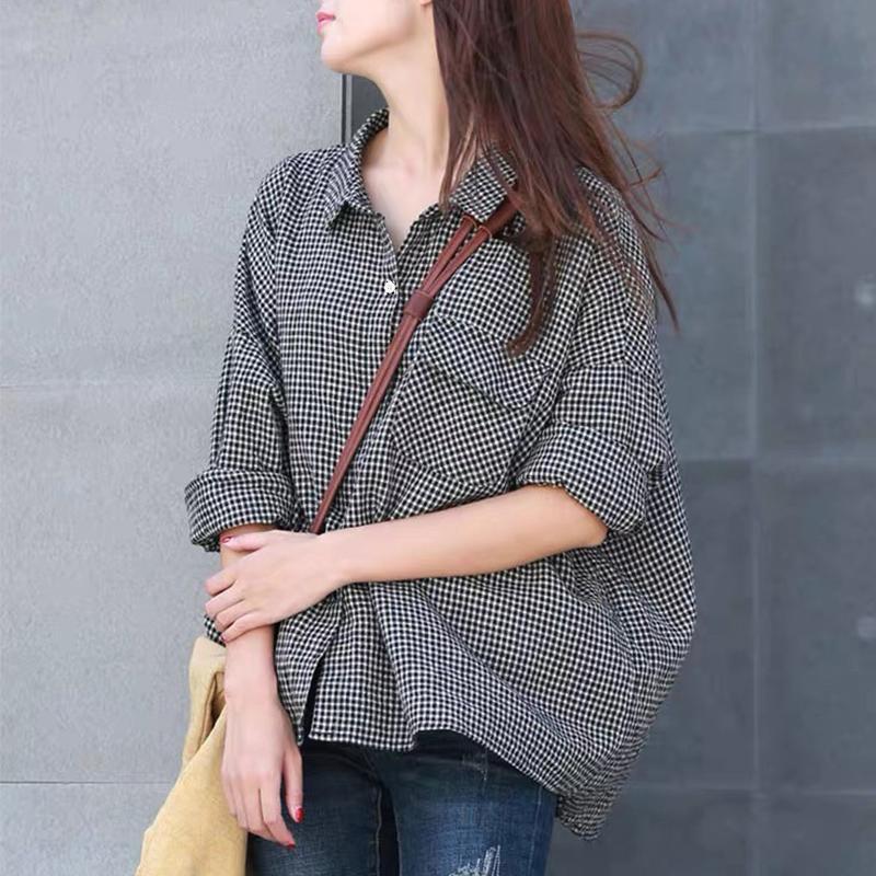 

ZANZEA Женская повседневная блузка свободного кроя с отложным воротником и клетчатым принтом S