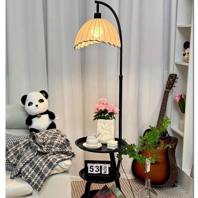 American Retro Floor Lamp with Charging Shelf and Fabric Shade