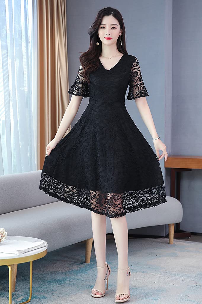CHUBIK Short Summer Fully Perfect for Formal and Size 2XL Women's All-Lace Dress, Sleeve, A-Line, Lined, Weddings, Occasions, After-Parties, Black,