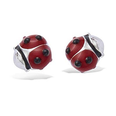 [E7159] - Silver Earrings 'Ladybug' Red Black Silver (rhodium) - 5x5mm