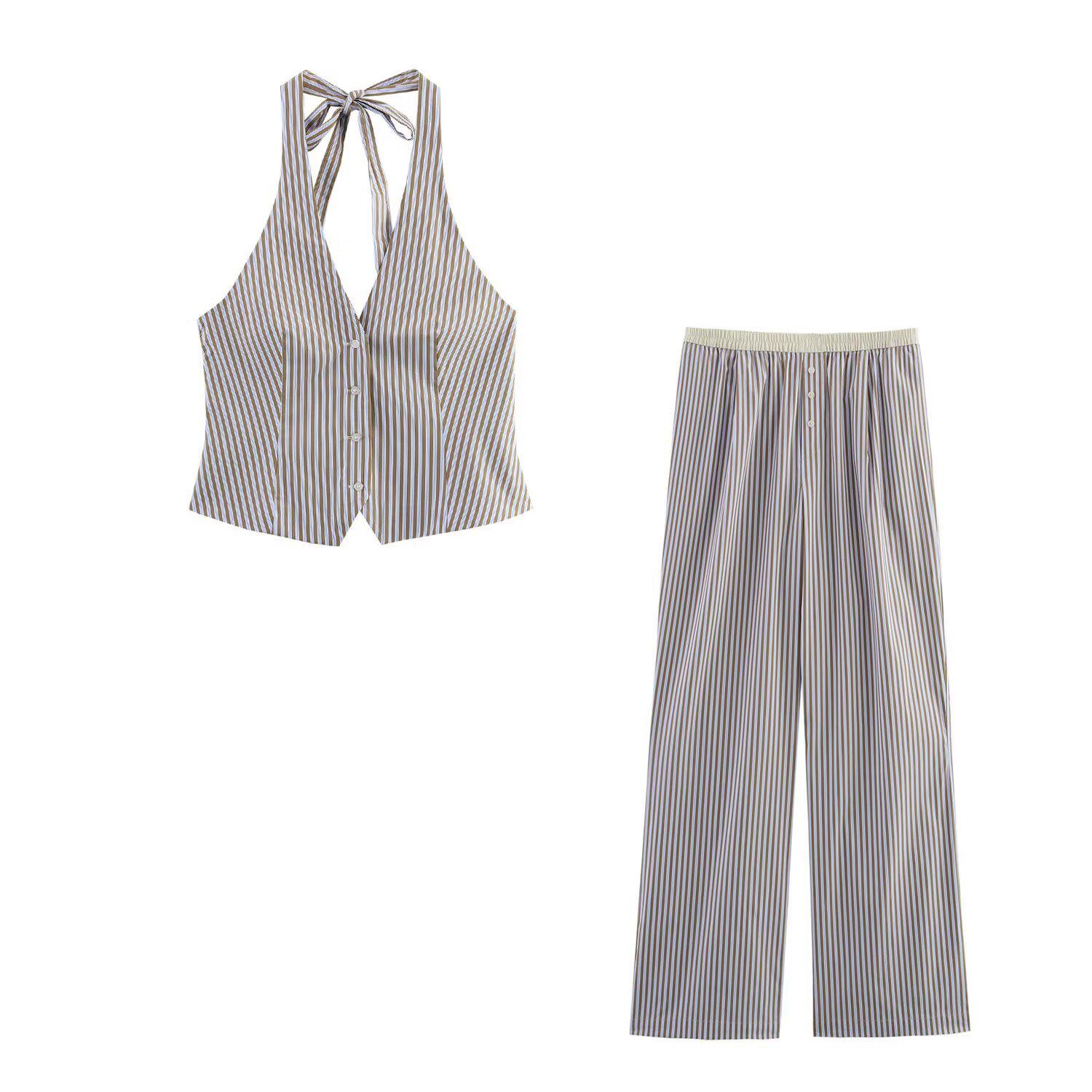 

Spring/Summer 2025 Women s Striped Halter Neck Top & Straight-Leg Pants Set Medium