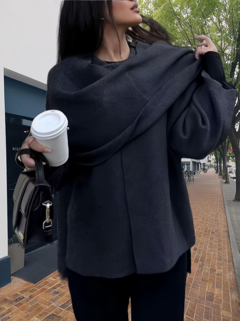 2024 Autumn/Winter Women's Asymmetrical Long-sleeve Knitted Scarf Coat - European/American Style, Solid Color, Fashionable Temperament