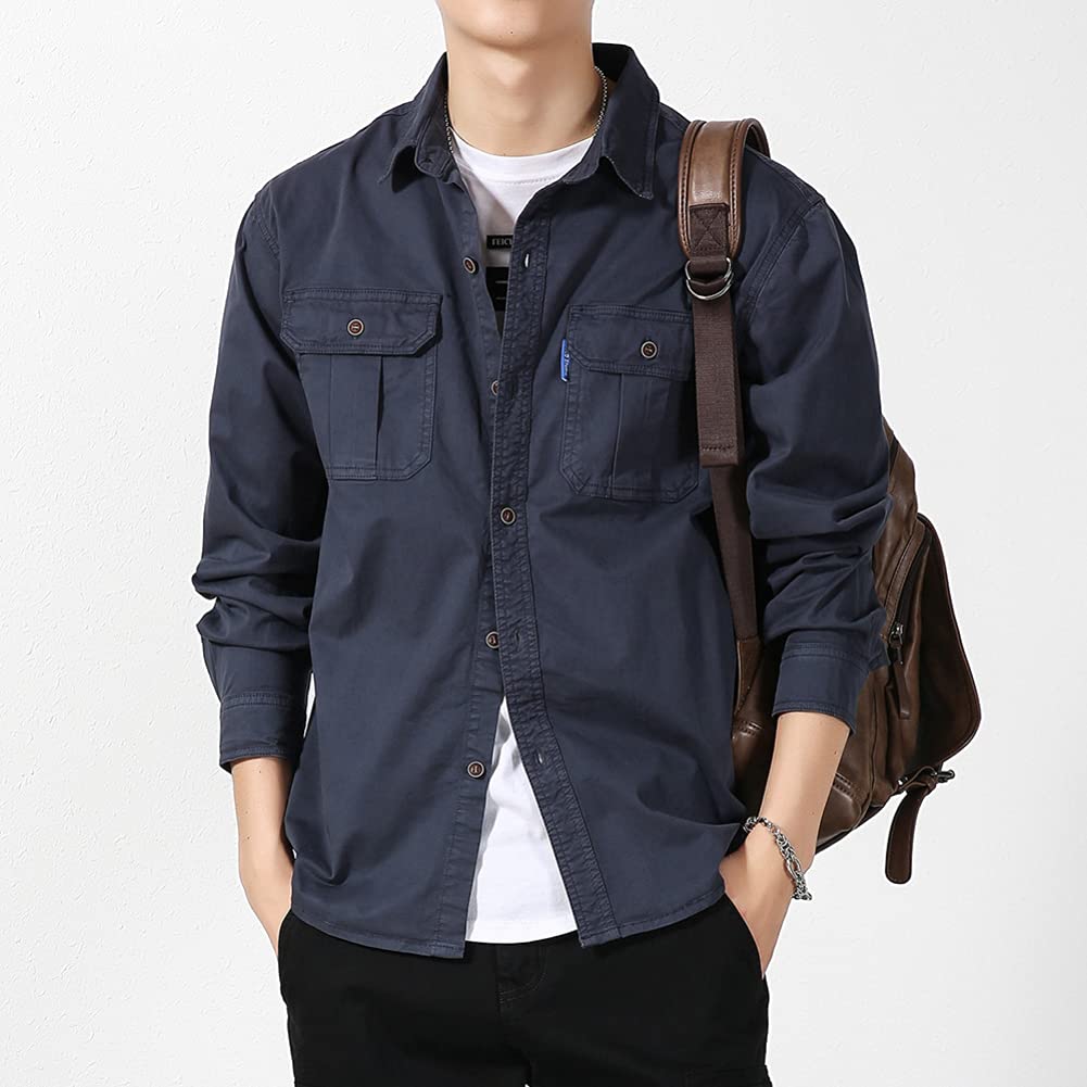 Netero Militær Lang Ensfarget Fritidsskjorte med Egnet for og Sommer Herreskjorte, Erme, Bomull, Farge, Arbeid, Cargo, Lommer, Marineblå, BL821-NAVY-XL,