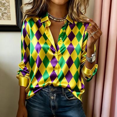 Women Shirt Lapel Long Sleeve Mardi Gras Striped Print Shirt Tops Buttons Placket Loose Fit Carnival Outfit Party Tops Soft Fabric Festival Wear