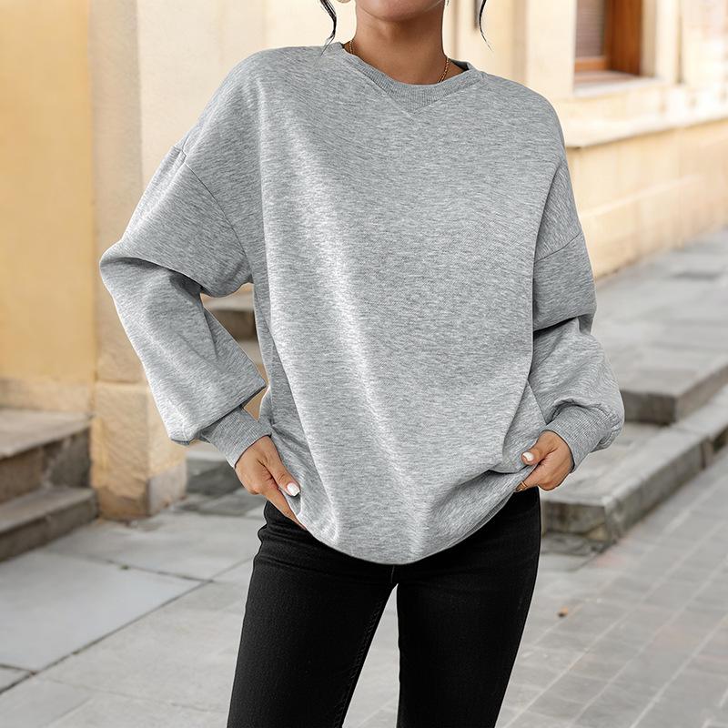 100% Clothing: 2025 Autumn/Winter Women's Loose Plus Velvet Round Neck Light Gray Hoodie
