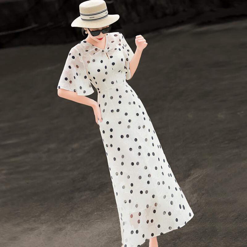 Lansere Polka Dot Ruffled V-Neck Midi Dress
