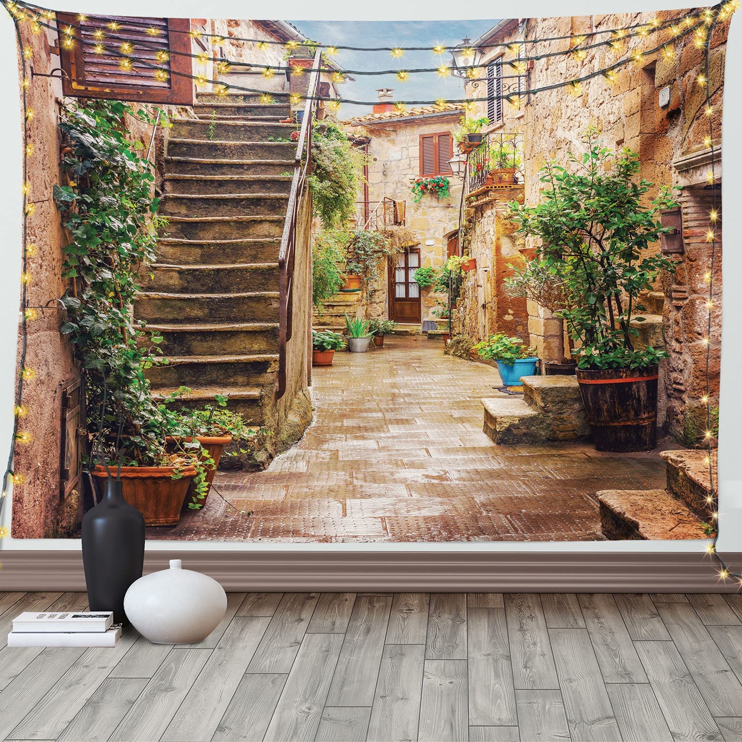 

Старый двор, античный каменный дом, современный ретро настенный декор для гостиной, общежития, ретро уличный пейзаж, гобелен 150x150cm