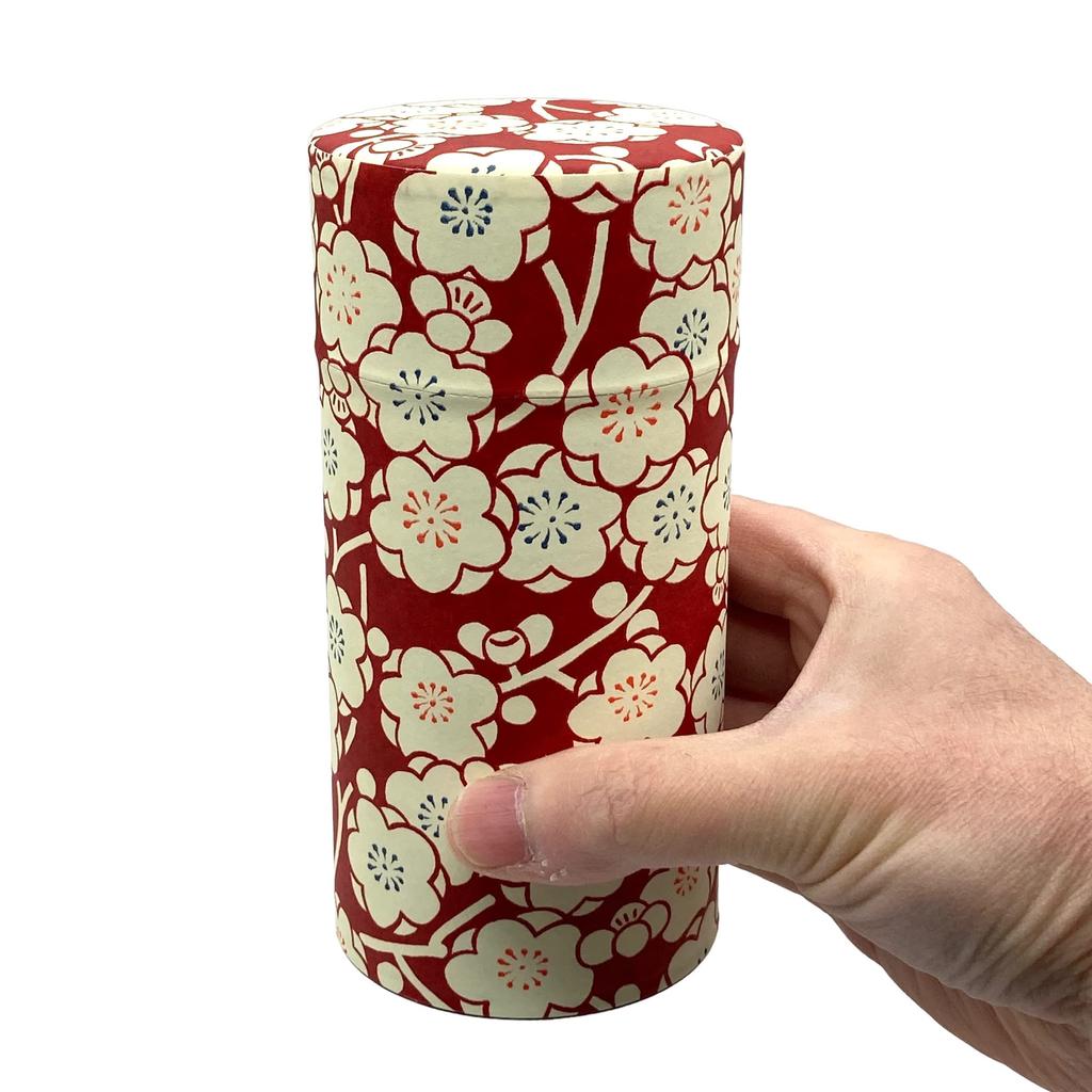 Noguchi Kumataro Tea Garden Tea Caddy, Large Capacity 200g, with Washi Paper and Inner Lid, Plum Romantic Design, Dark Red, Made in Japan, Stylish