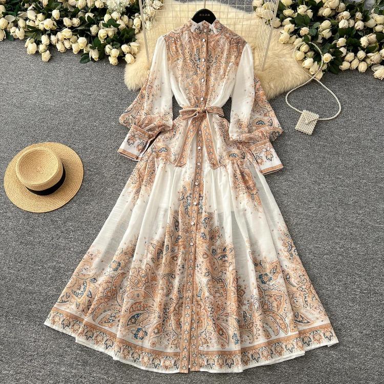 Elegant Vintage Palace Evening Dress Women Long Party Dress Spring France Print Sashes Tying Luxury Festival Clothing New Female