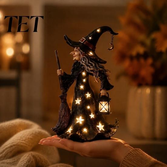 Spooky Home Holiday Decoration Halloween Witch Figurine with Star Light, Resin Tabletop Nightlight Lantern, Handcrafted Table Centerpiece Wizard
