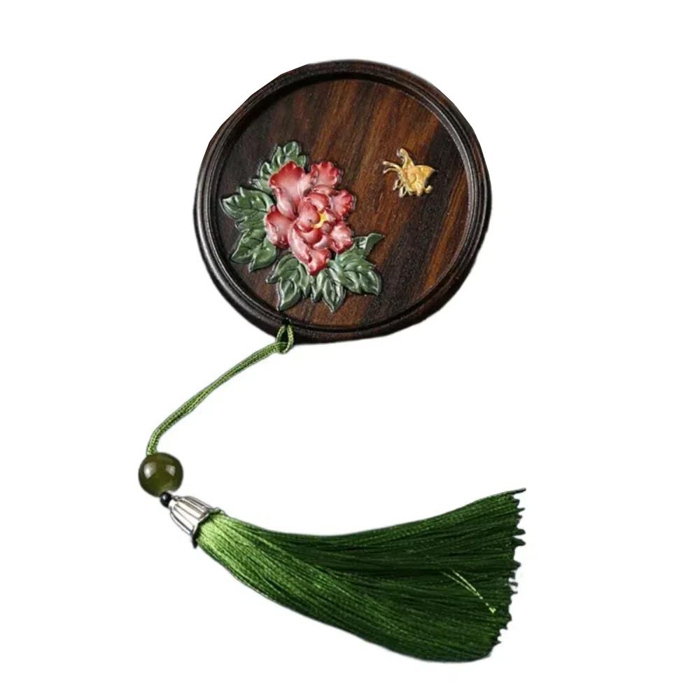 Fashion Portable Chinese Style Handheld Mirror Magpie Fish Wooden Cosmetic Mirror Tassels Round Pocket Makeup Mirror Women