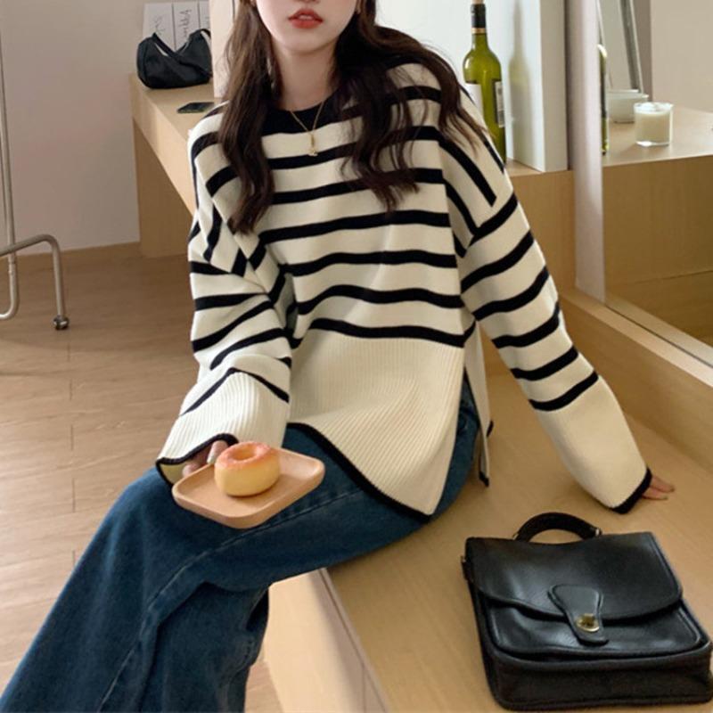

Полосатый свободный ленивый вязаный свитер женский осенний новый для носки внутри и снаружи с круглым вырезом пуловер свитер женская базовая рубашка average size